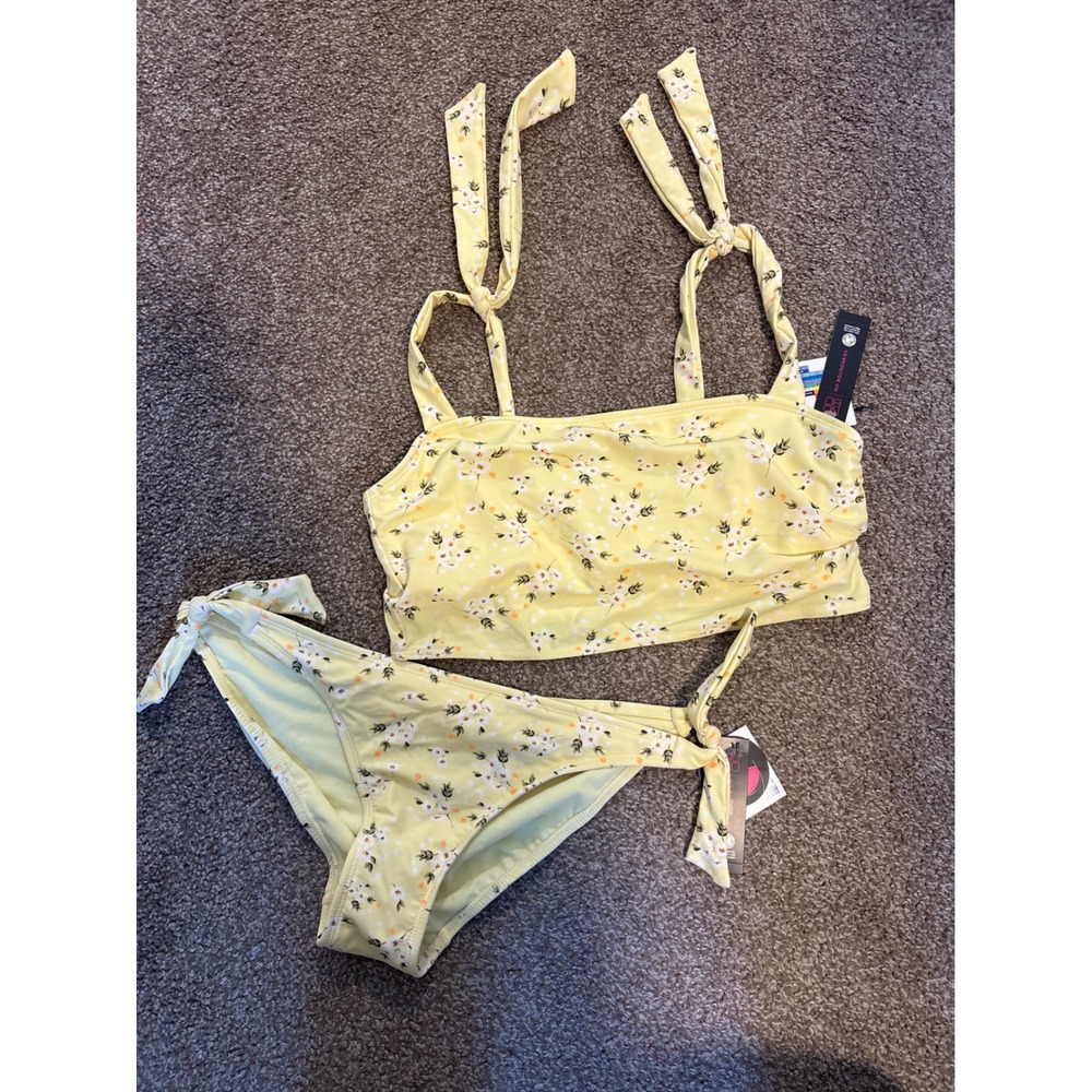 No Boundaries Bikini Set Women Small Yellow NEW Floral Tie Shoulder Swimsuit